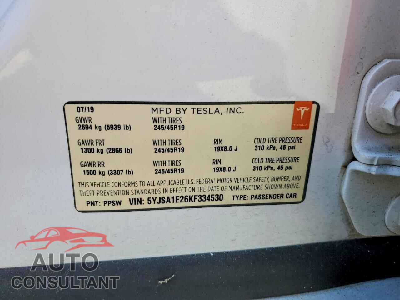 TESLA MODEL S 2019 - 5YJSA1E26KF334530