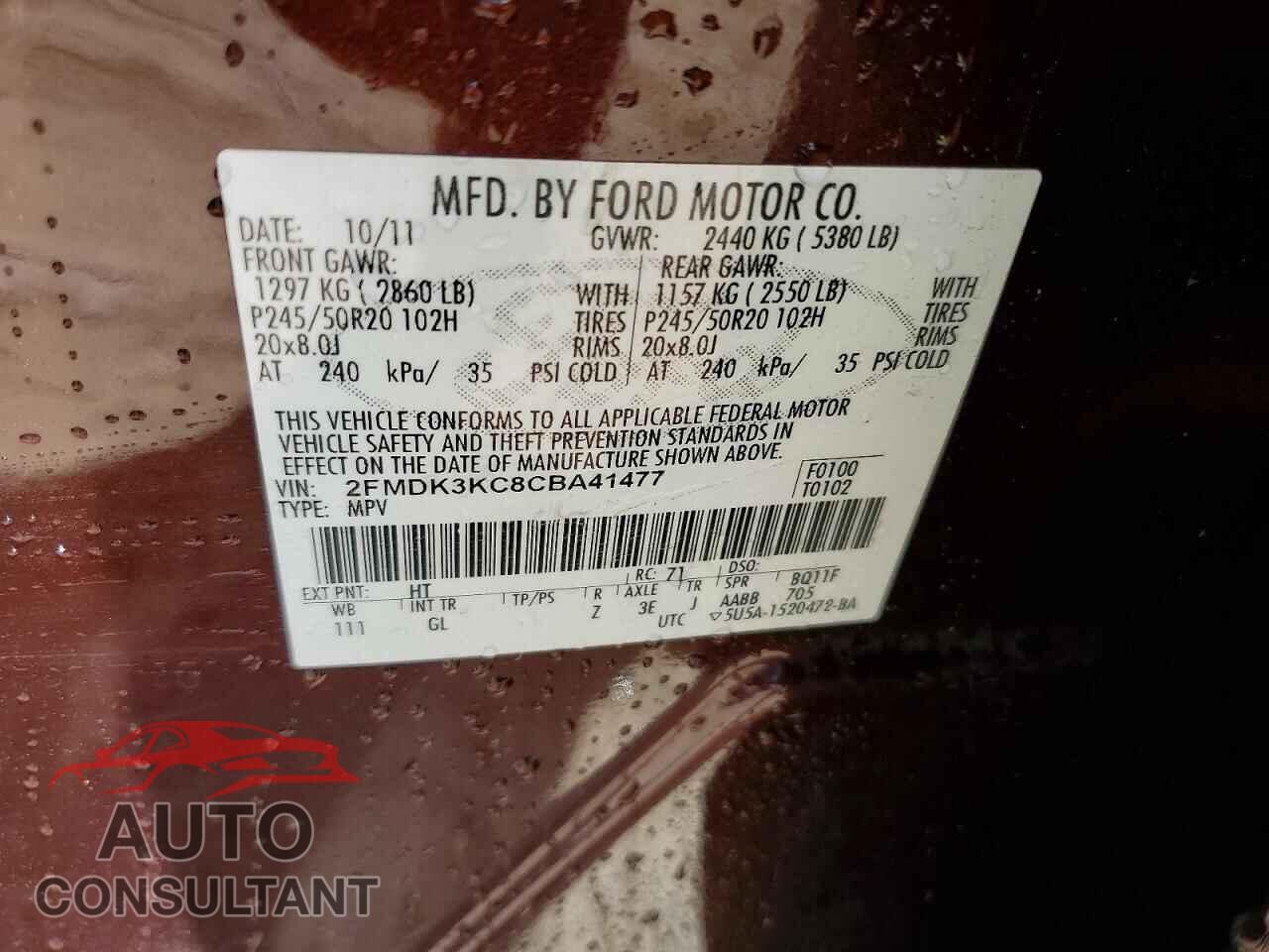 FORD ALL OTHER 2012 - 2FMDK3KC8CBA41477