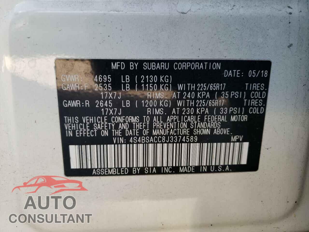 SUBARU OUTBACK 2018 - 4S4BSACC8J3374589