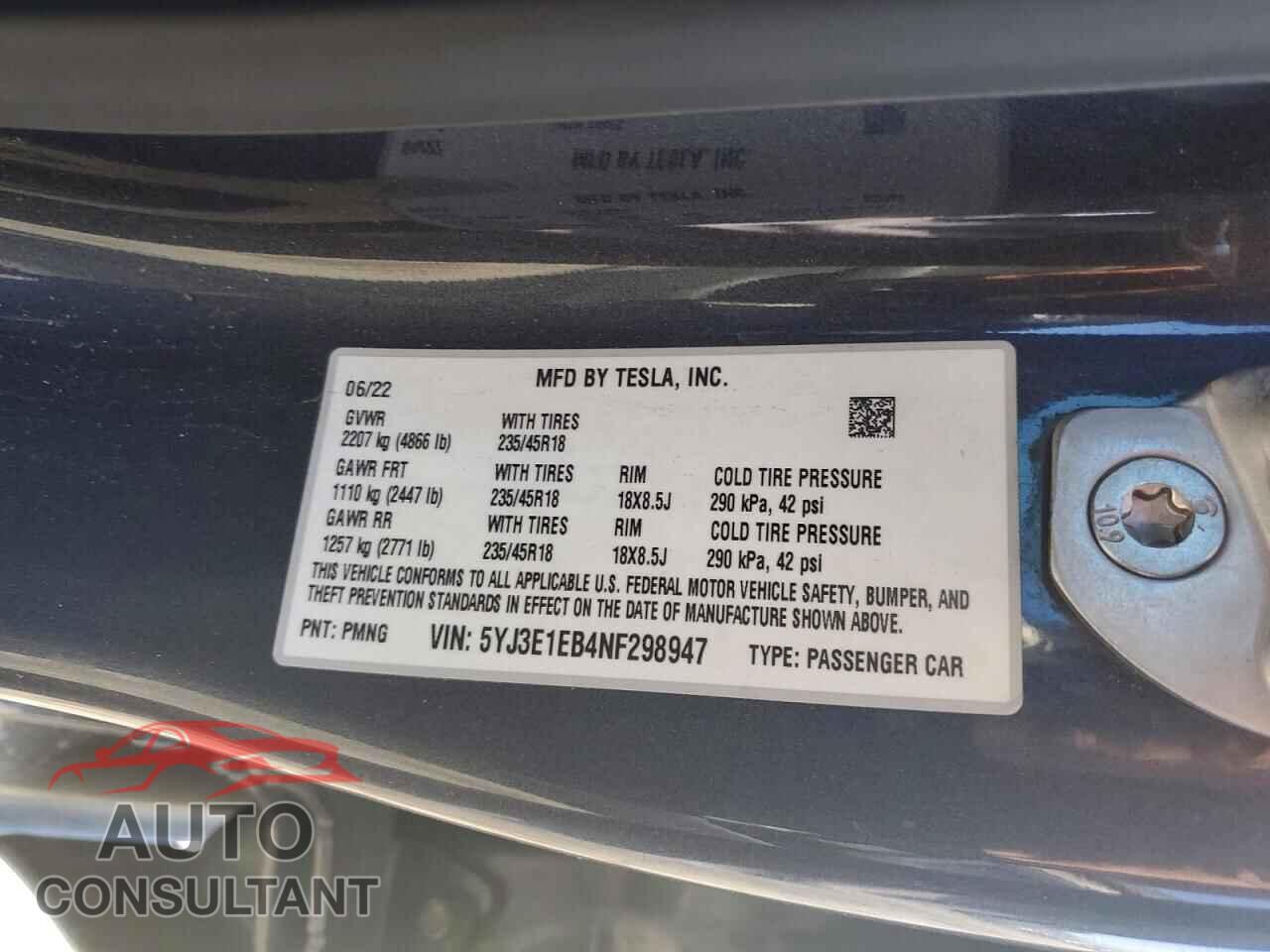 TESLA MODEL 3 2022 - 5YJ3E1EB4NF298947