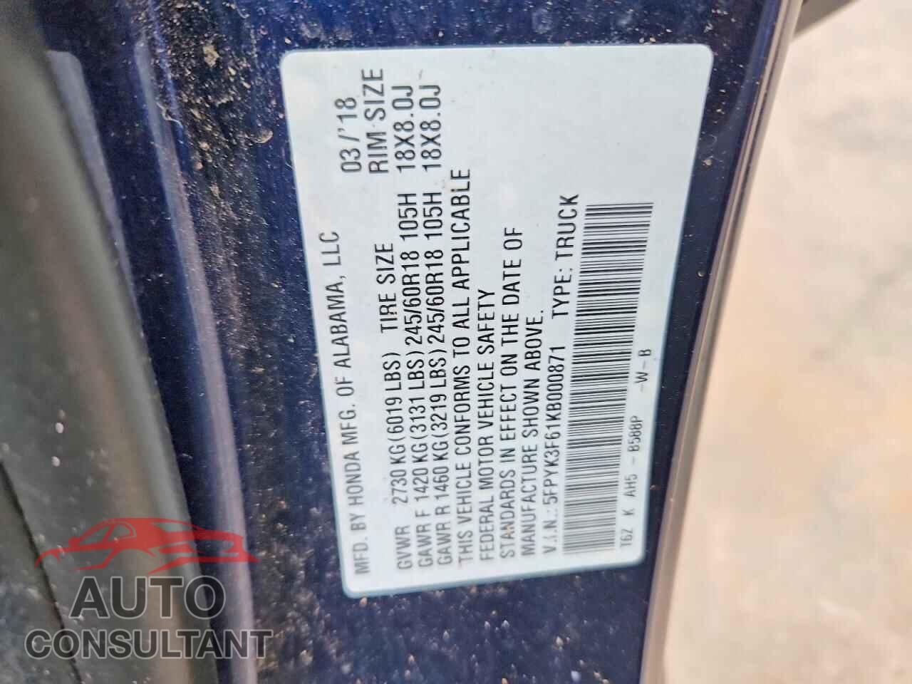 HONDA RIDGELINE 2019 - 5FPYK3F61KB000871