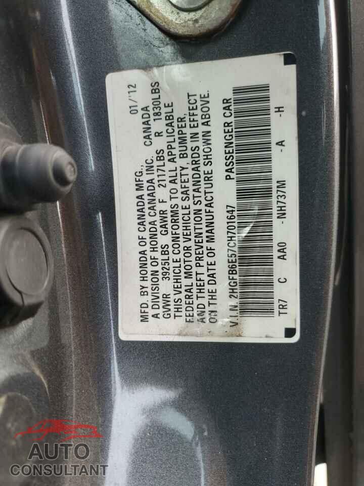 HONDA CIVIC 2012 - 2HGFB6E57CH701647