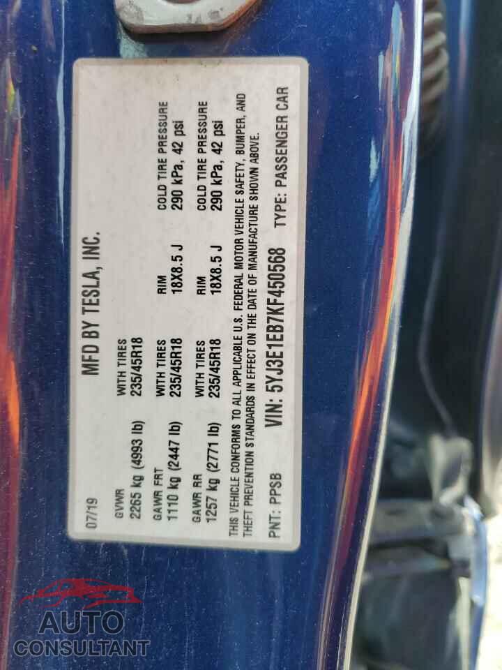 TESLA MODEL 3 2019 - 5YJ3E1EB7KF450568