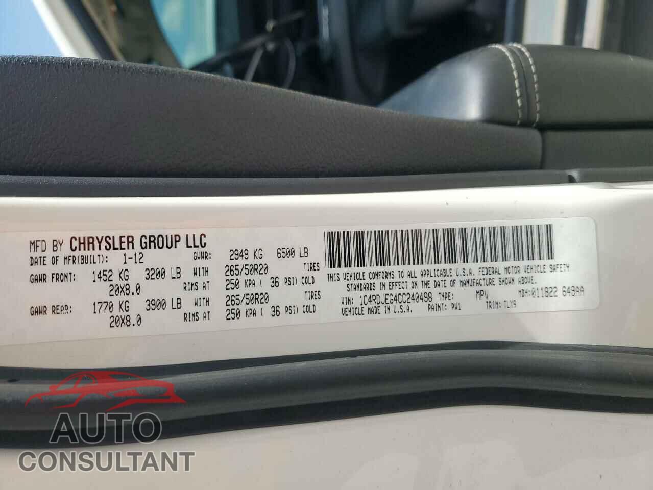 DODGE DURANGO 2012 - 1C4RDJEG4CC240498