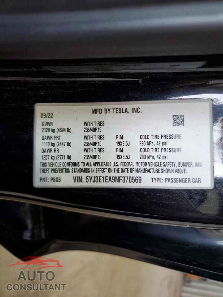TESLA MODEL 3 2022 - 5YJ3E1EA9NF370569