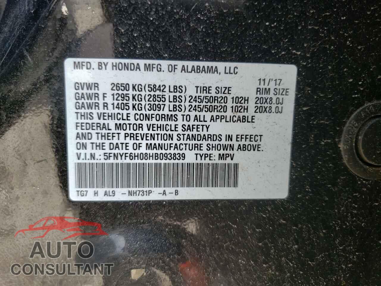 HONDA PILOT 2017 - 5FNYF6H08HB093839