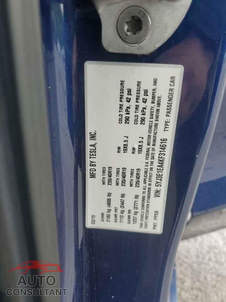 TESLA MODEL 3 2019 - 5YJ3E1EA4KF314616