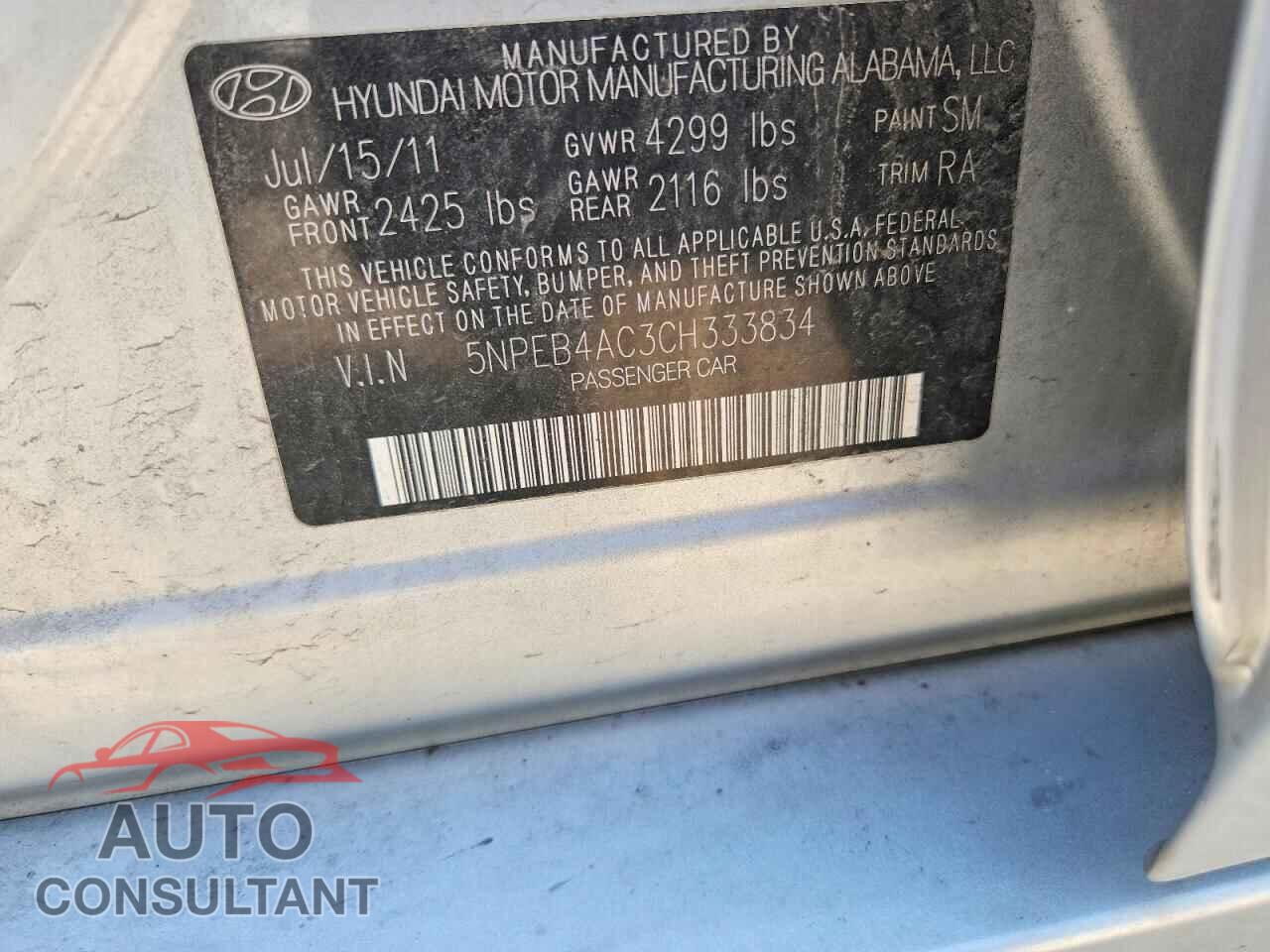 HYUNDAI SONATA 2012 - 5NPEB4AC3CH333834