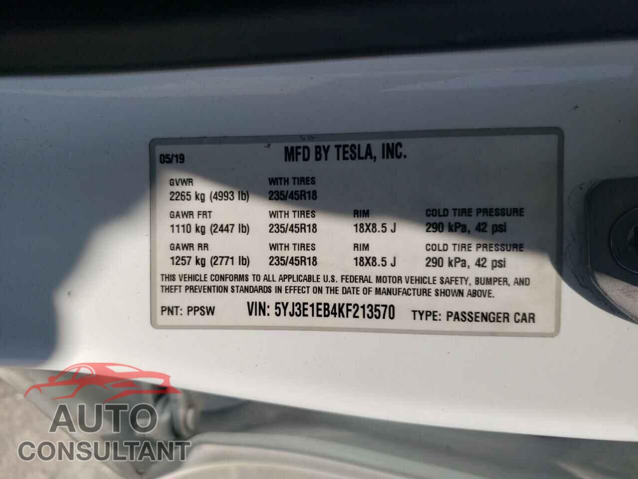 TESLA MODEL 3 2019 - 5YJ3E1EB4KF213570