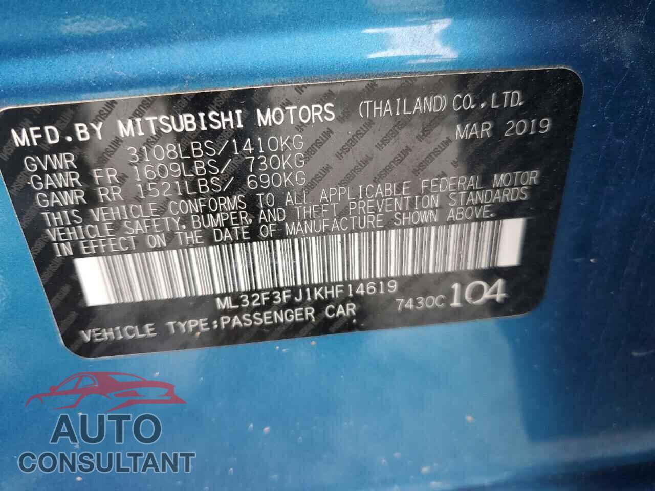 MITSUBISHI MIRAGE 2019 - ML32F3FJ1KHF14619