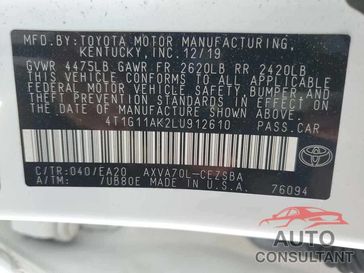 TOYOTA CAMRY 2020 - 4T1G11AK2LU912610