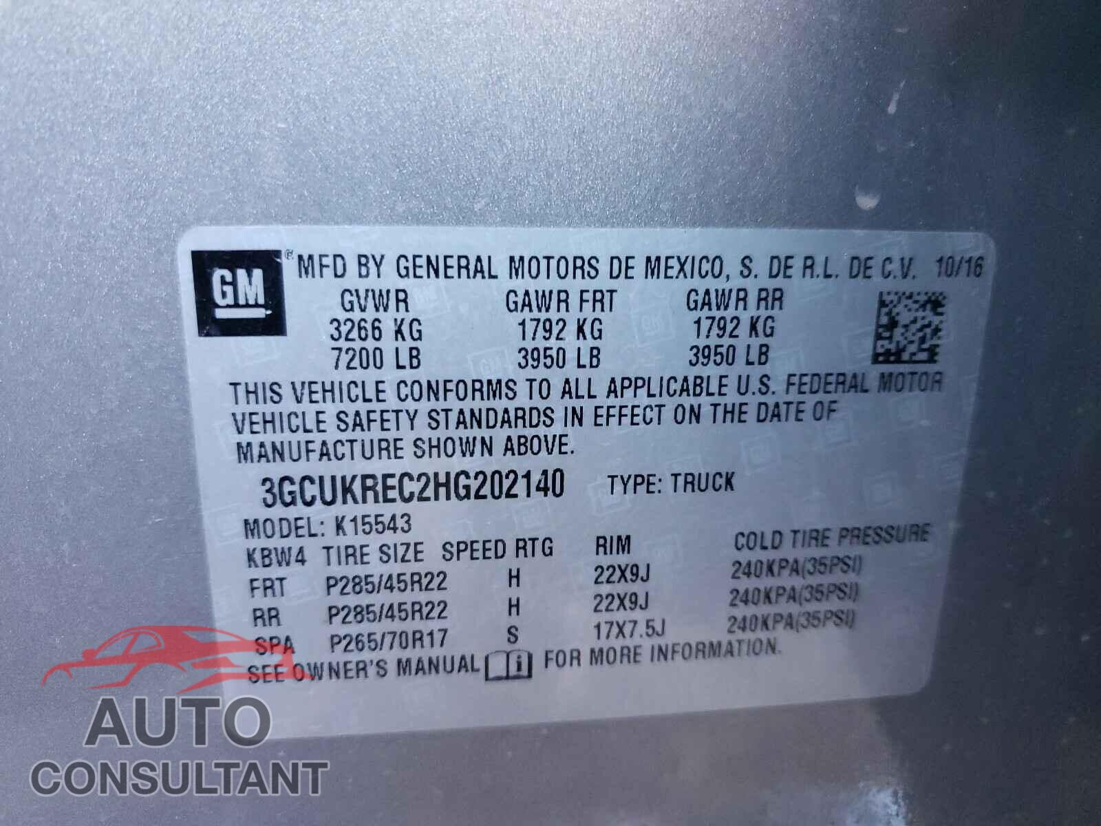 CHEVROLET SILVERADO 2017 - 3GCUKREC2HG202140