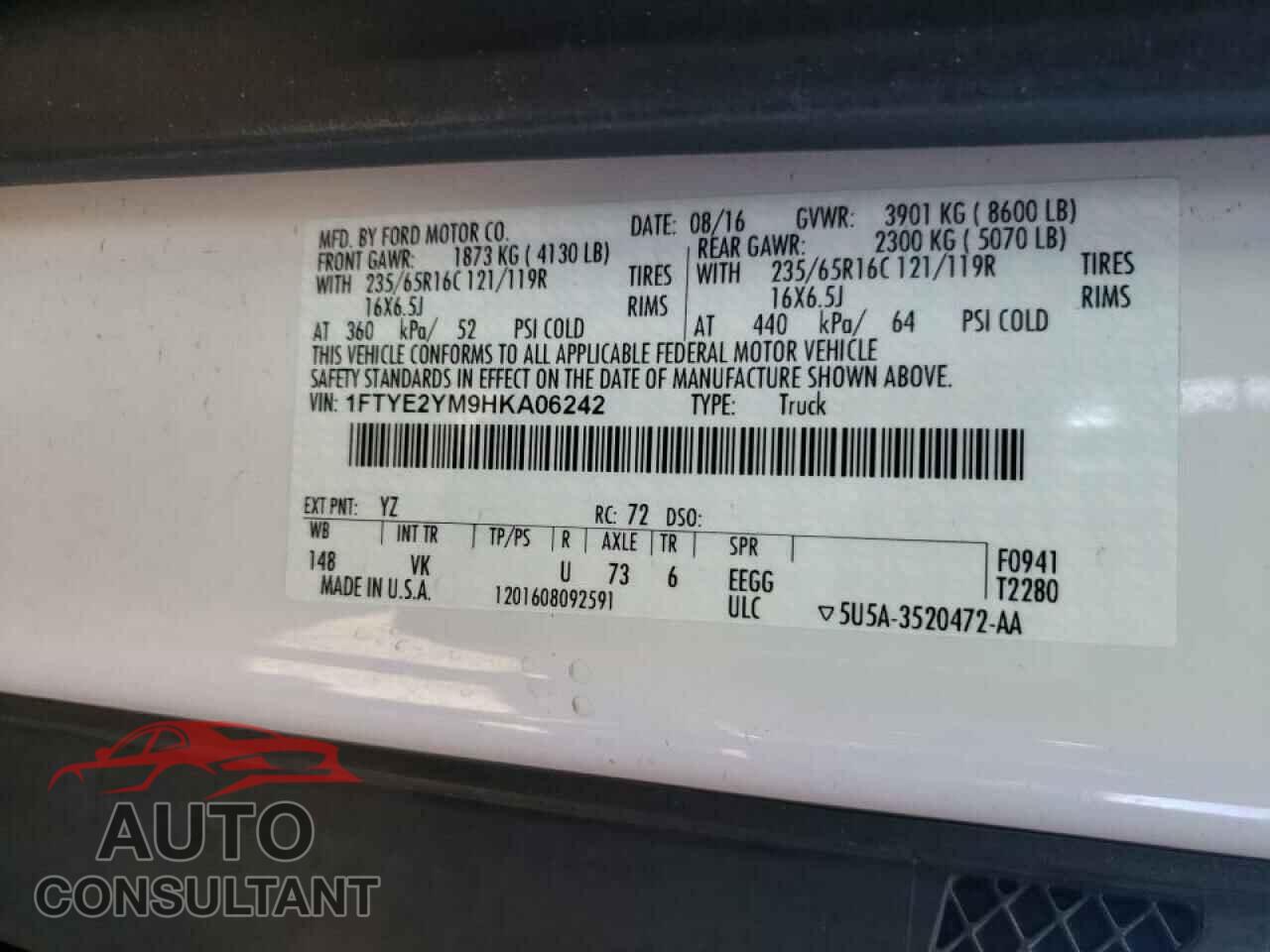 FORD TRANSIT 2017 - 1FTYE2YM9HKA06242