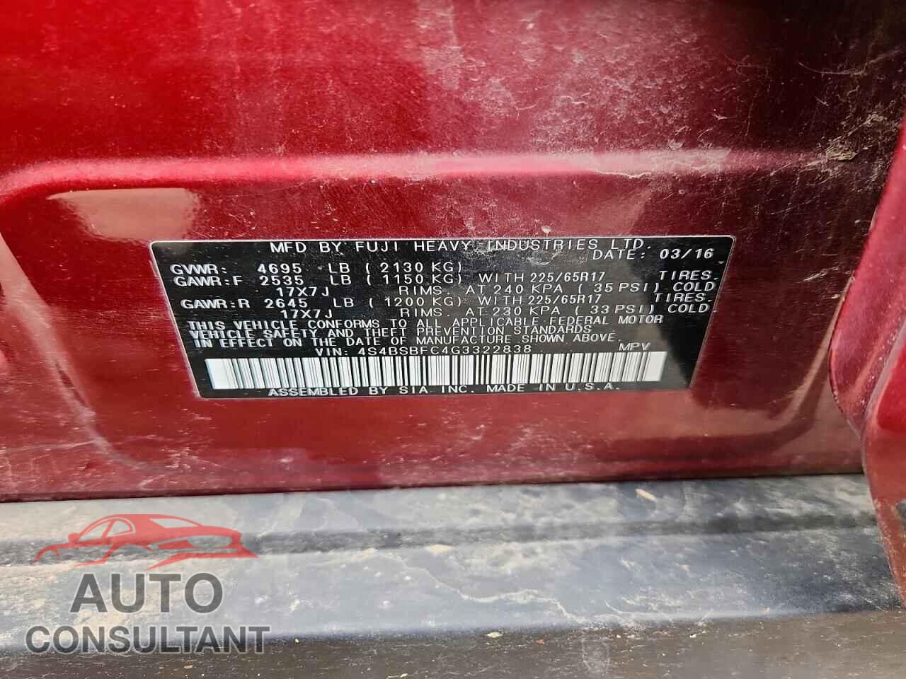SUBARU OUTBACK 2016 - 4S4BSBFC4G3322838
