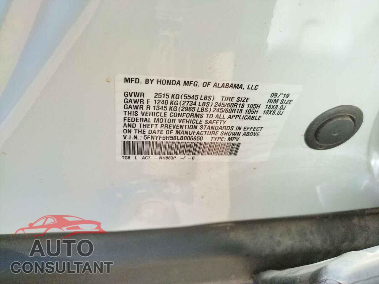 HONDA PILOT 2020 - 5FNYF5H56LB006650