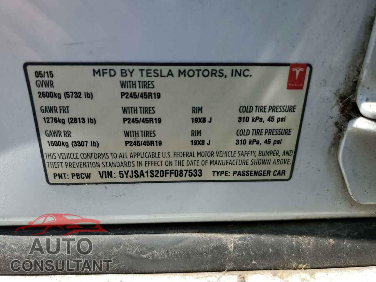 TESLA MODEL S 2015 - 5YJSA1S20FF087533