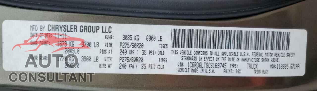 DODGE RAM 1500 2012 - 1C6RD6LT9CS169745