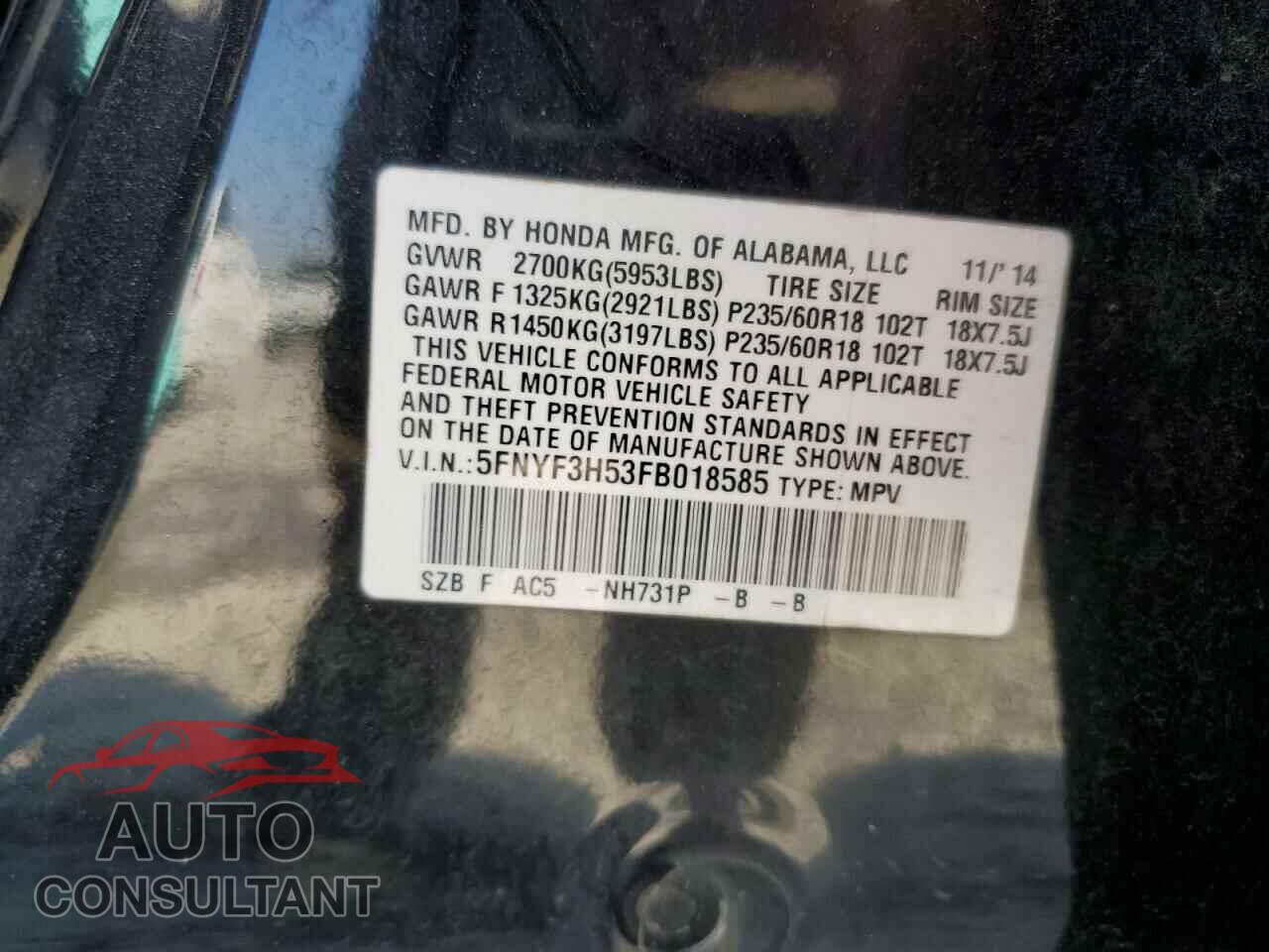 HONDA PILOT 2015 - 5FNYF3H53FB018585