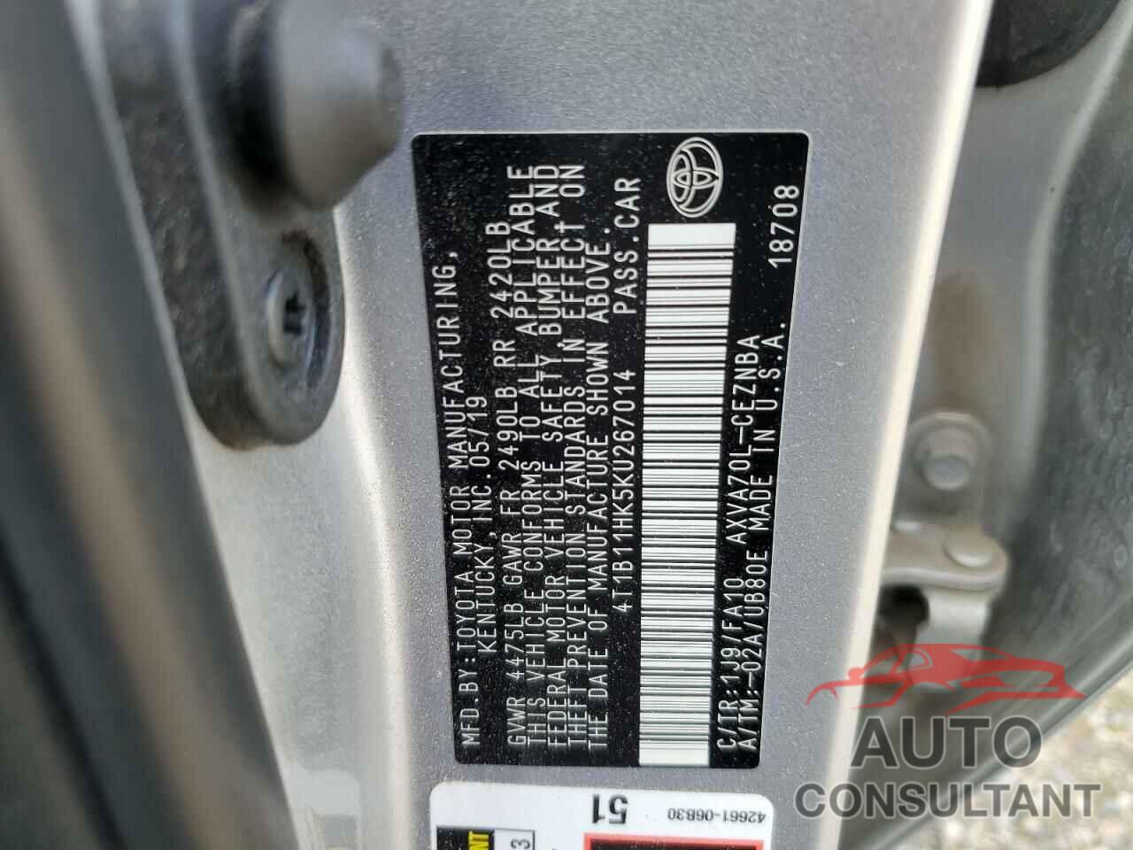 TOYOTA CAMRY 2019 - 4T1B11HK5KU267014