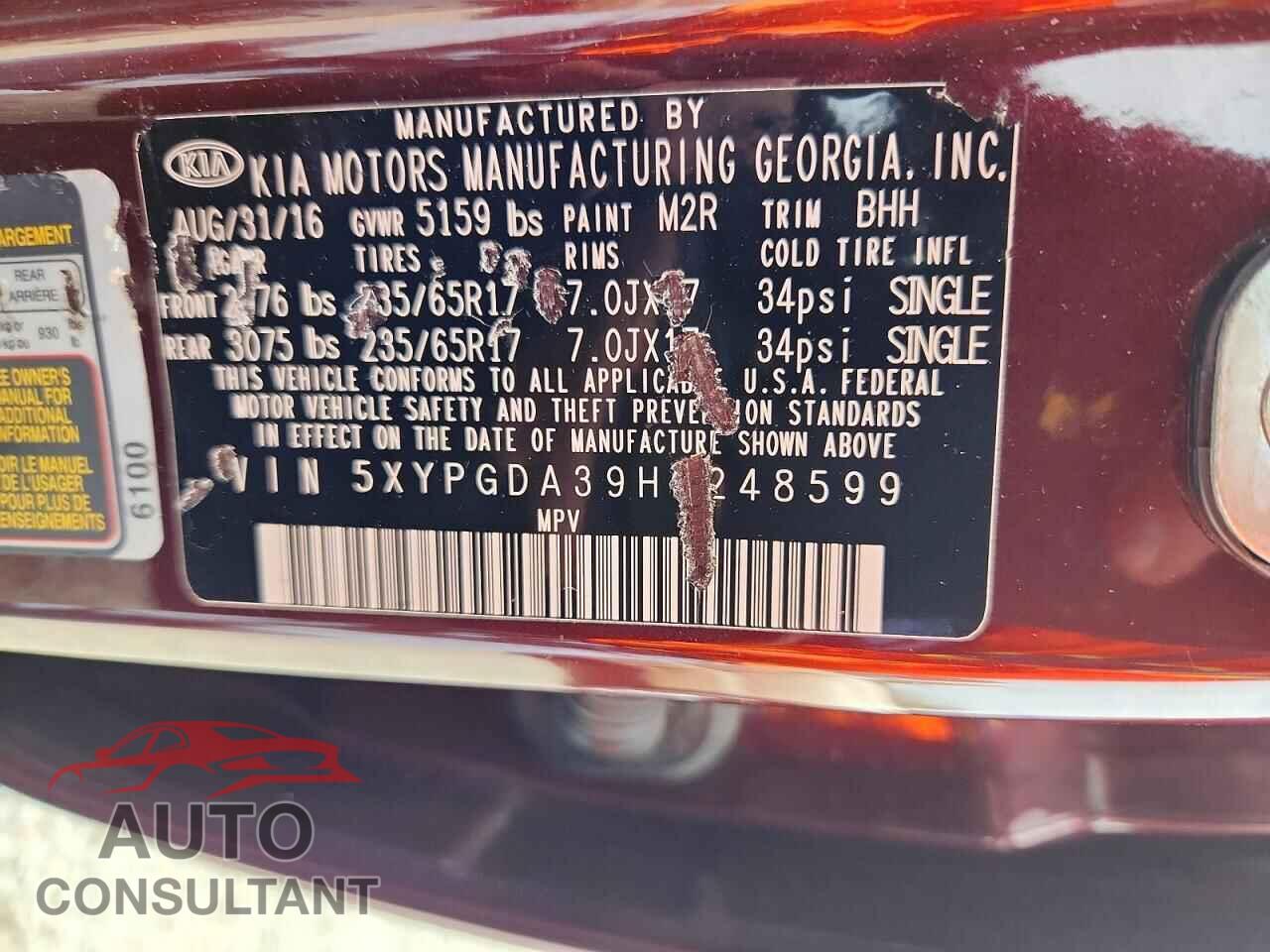 KIA SORENTO 2017 - 5XYPGDA39HG248599