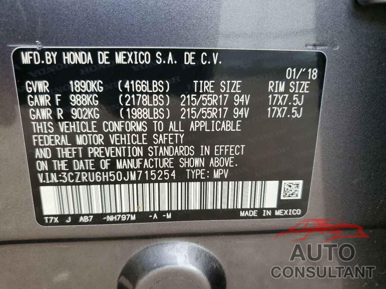 HONDA HR-V 2018 - 3CZRU6H50JM715254