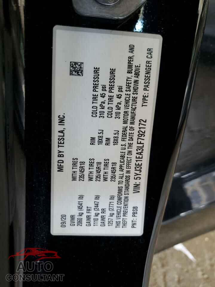 TESLA MODEL 3 2020 - 5YJ3E1EA3LF792172