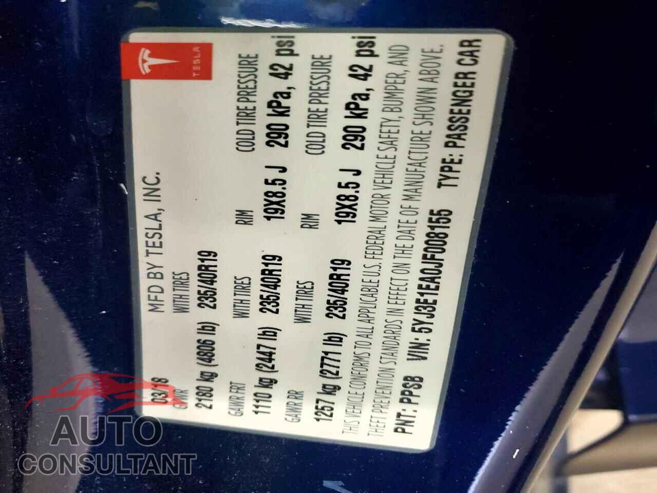 TESLA MODEL 3 2018 - 5YJ3E1EA0JF008155