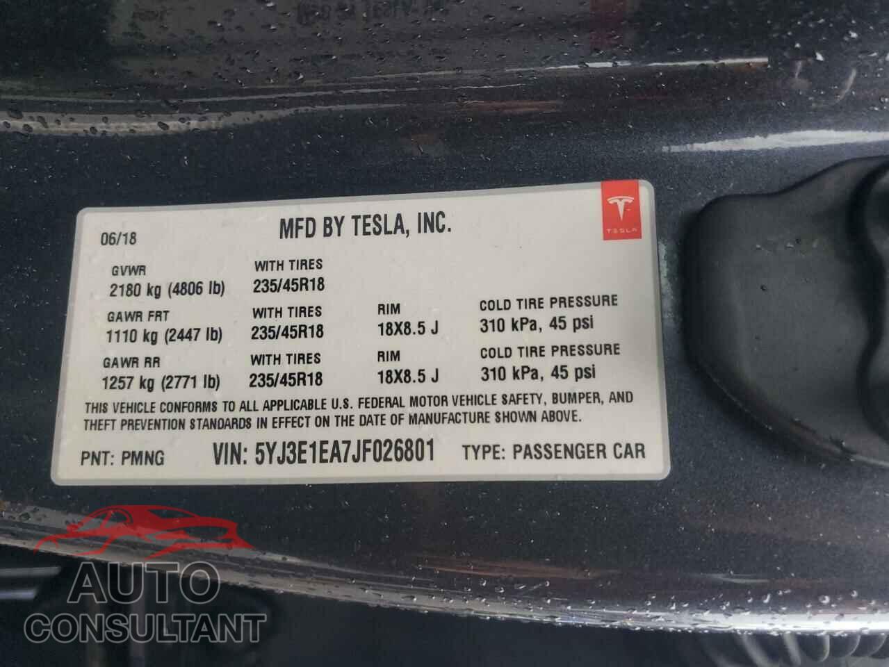 TESLA MODEL 3 2018 - 5YJ3E1EA7JF026801