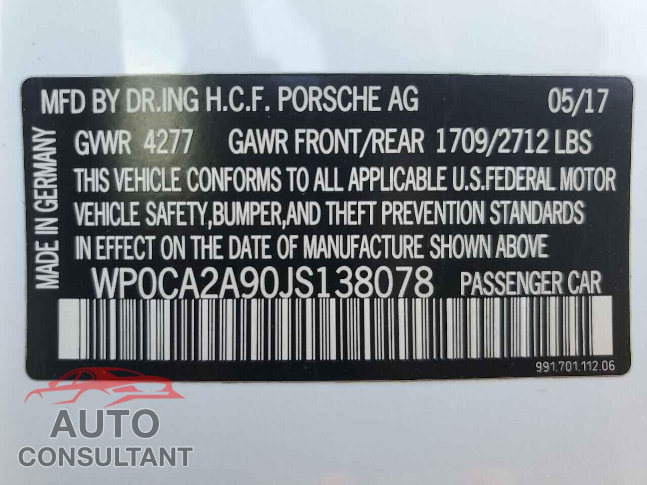 PORSCHE 911 2018 - WP0CA2A90JS138078