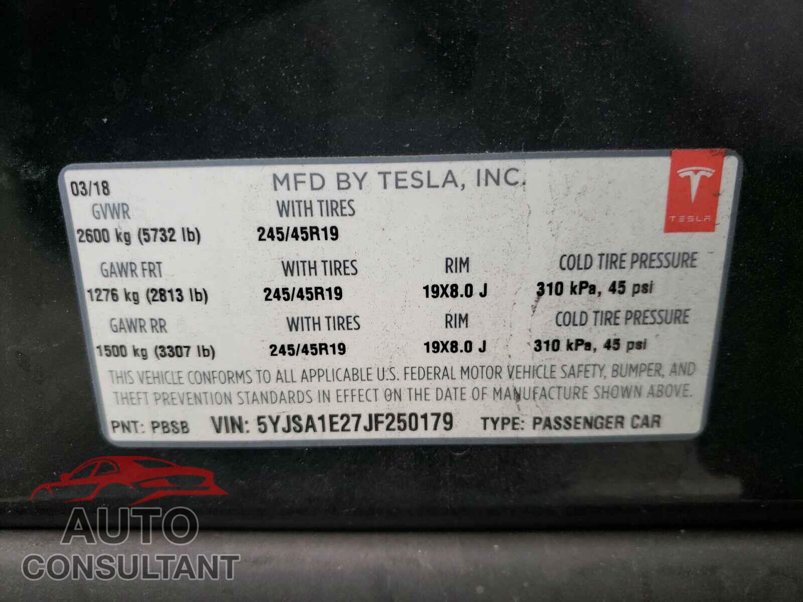 TESLA MODEL S 2018 - 5YJSA1E27JF250179