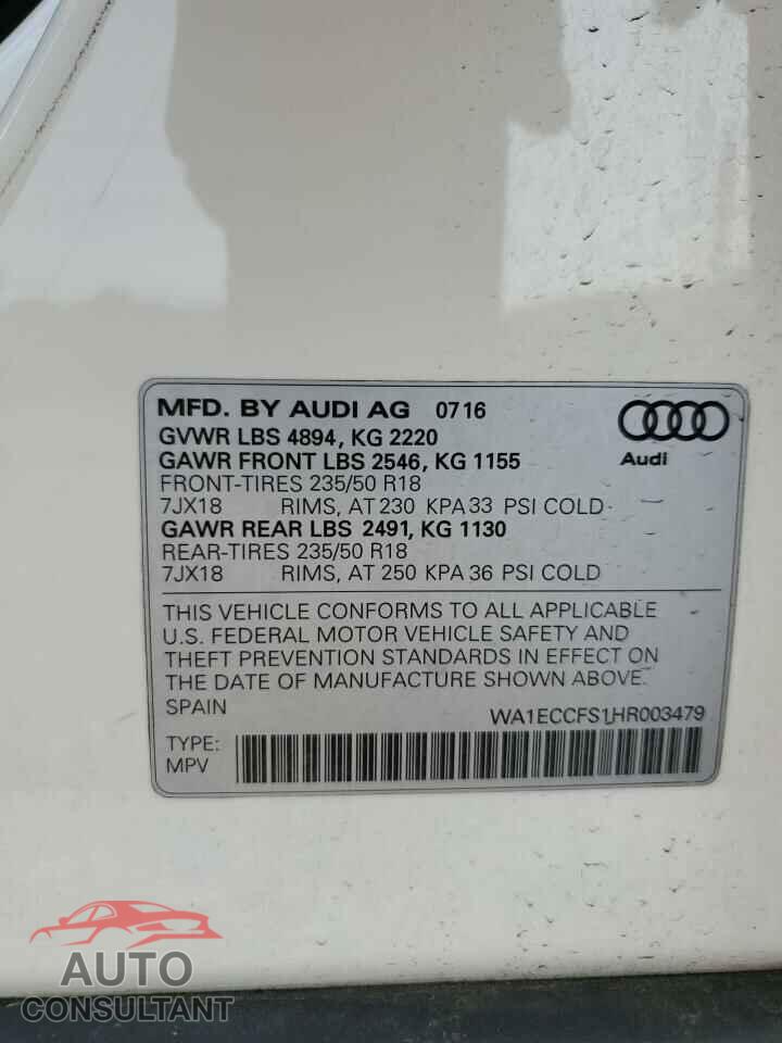 AUDI Q3 2017 - WA1ECCFS1HR003479