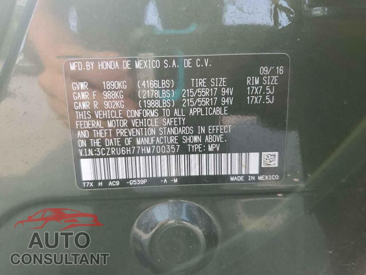 HONDA HR-V 2017 - 3CZRU6H77HM700357