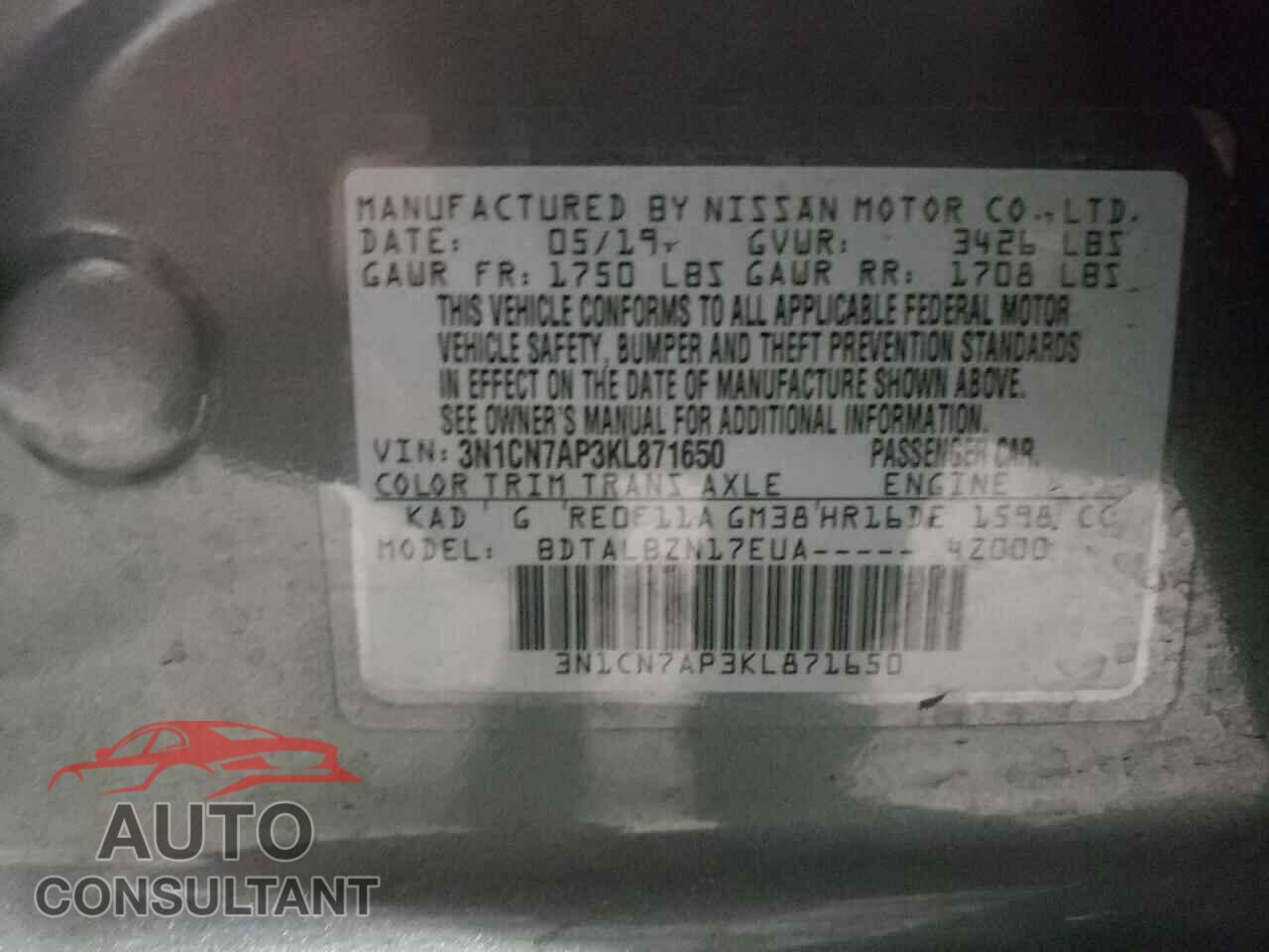 NISSAN VERSA 2019 - 3N1CN7AP3KL871650