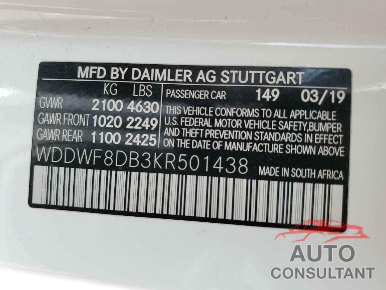 MERCEDES-BENZ C-CLASS 2019 - WDDWF8DB3KR501438
