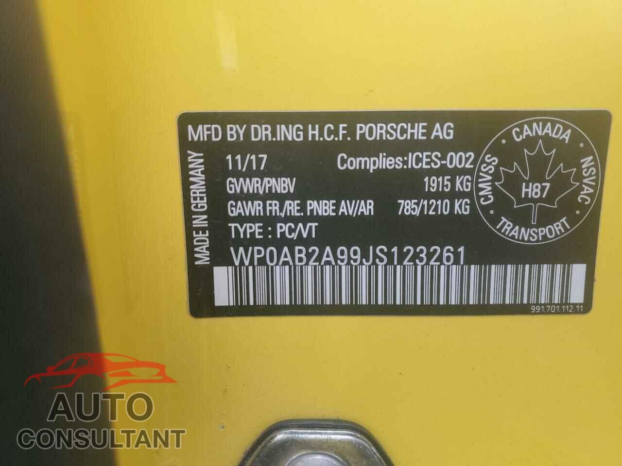 PORSCHE 911 2018 - WP0AB2A99JS123261