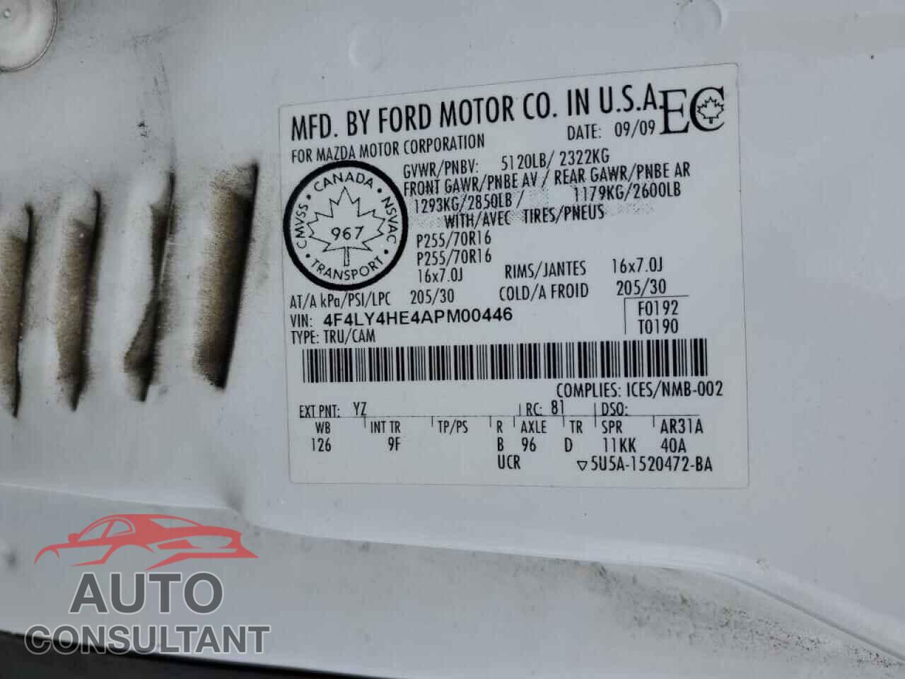 MAZDA B4000 2010 - 4F4LY4HE4APM00446