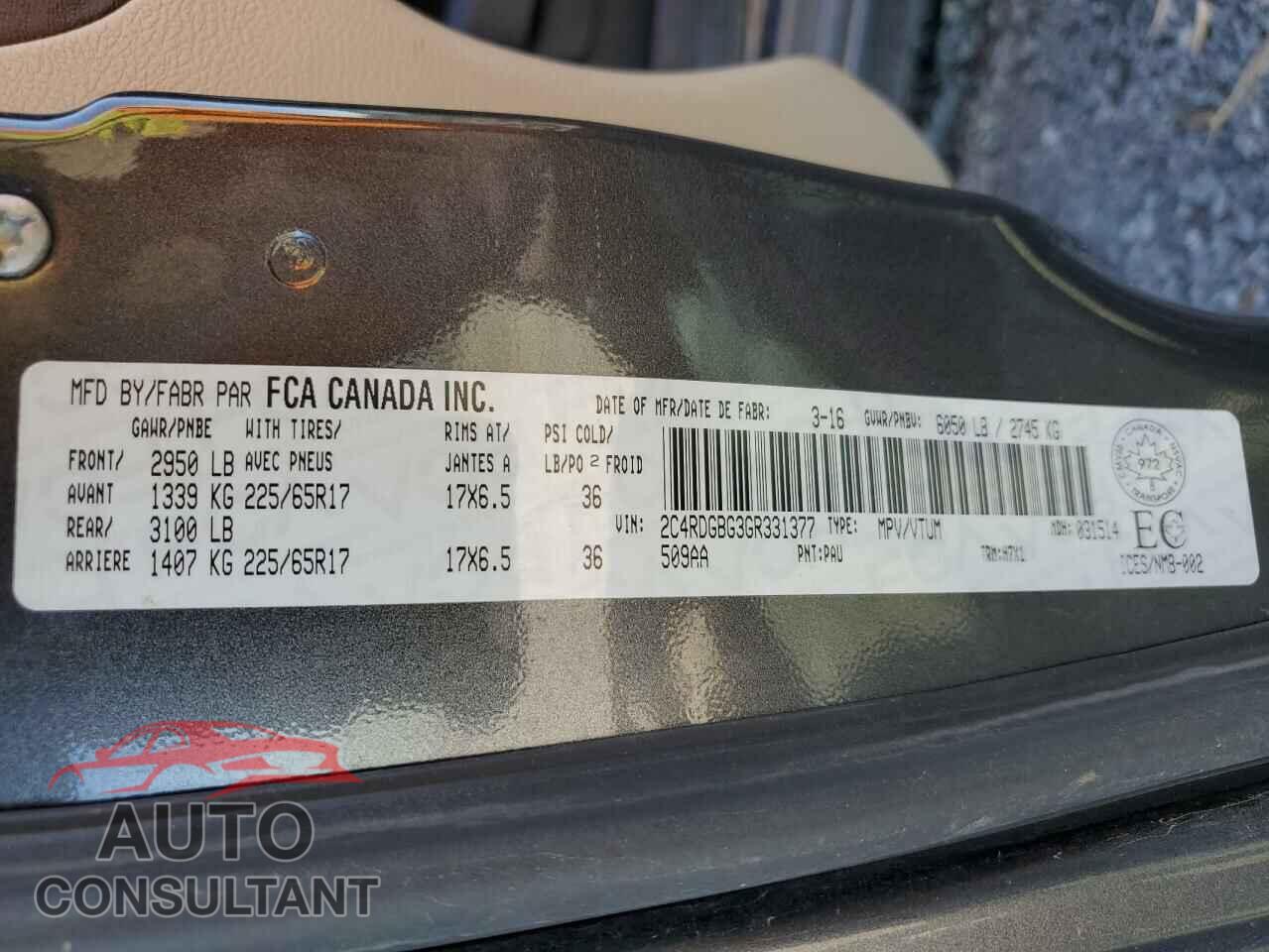 DODGE CARAVAN 2016 - 2C4RDGBG3GR331377