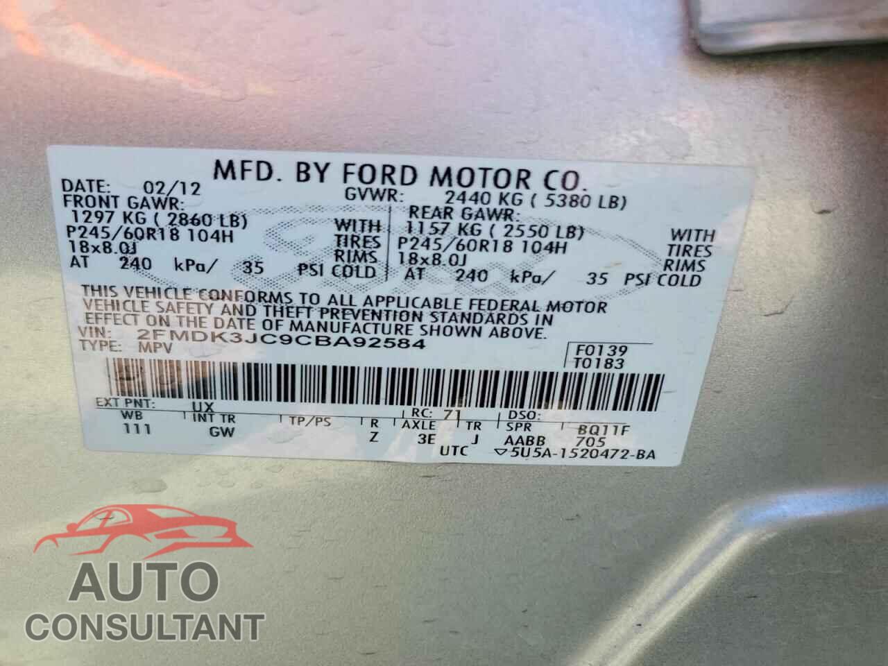 FORD EDGE 2012 - 2FMDK3JC9CBA92584