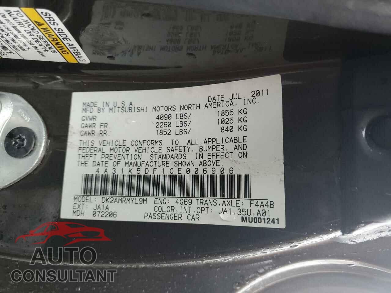 MITSUBISHI ECLIPSE 2012 - 4A31K5DF1CE006906