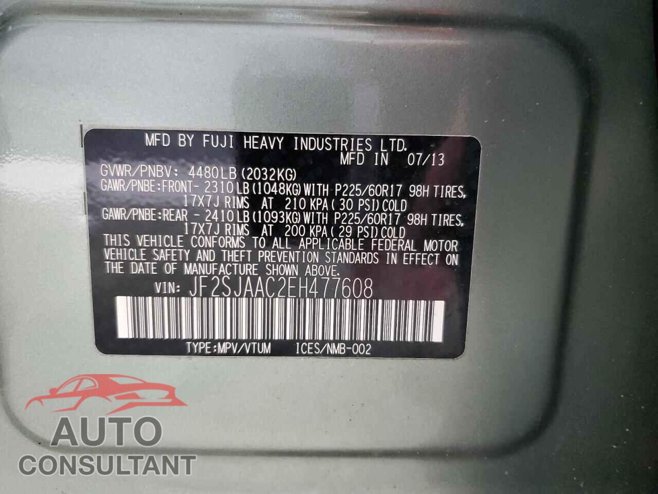 SUBARU FORESTER 2014 - JF2SJAAC2EH477608