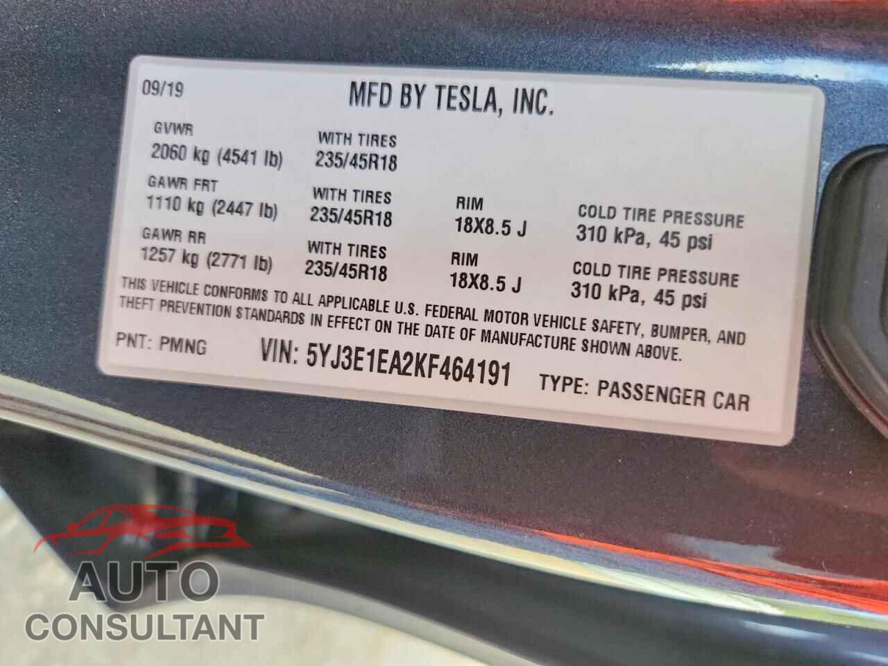 TESLA MODEL 3 2019 - 5YJ3E1EA2KF464191