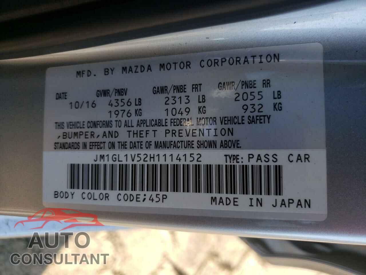MAZDA 6 2017 - JM1GL1V52H1114152