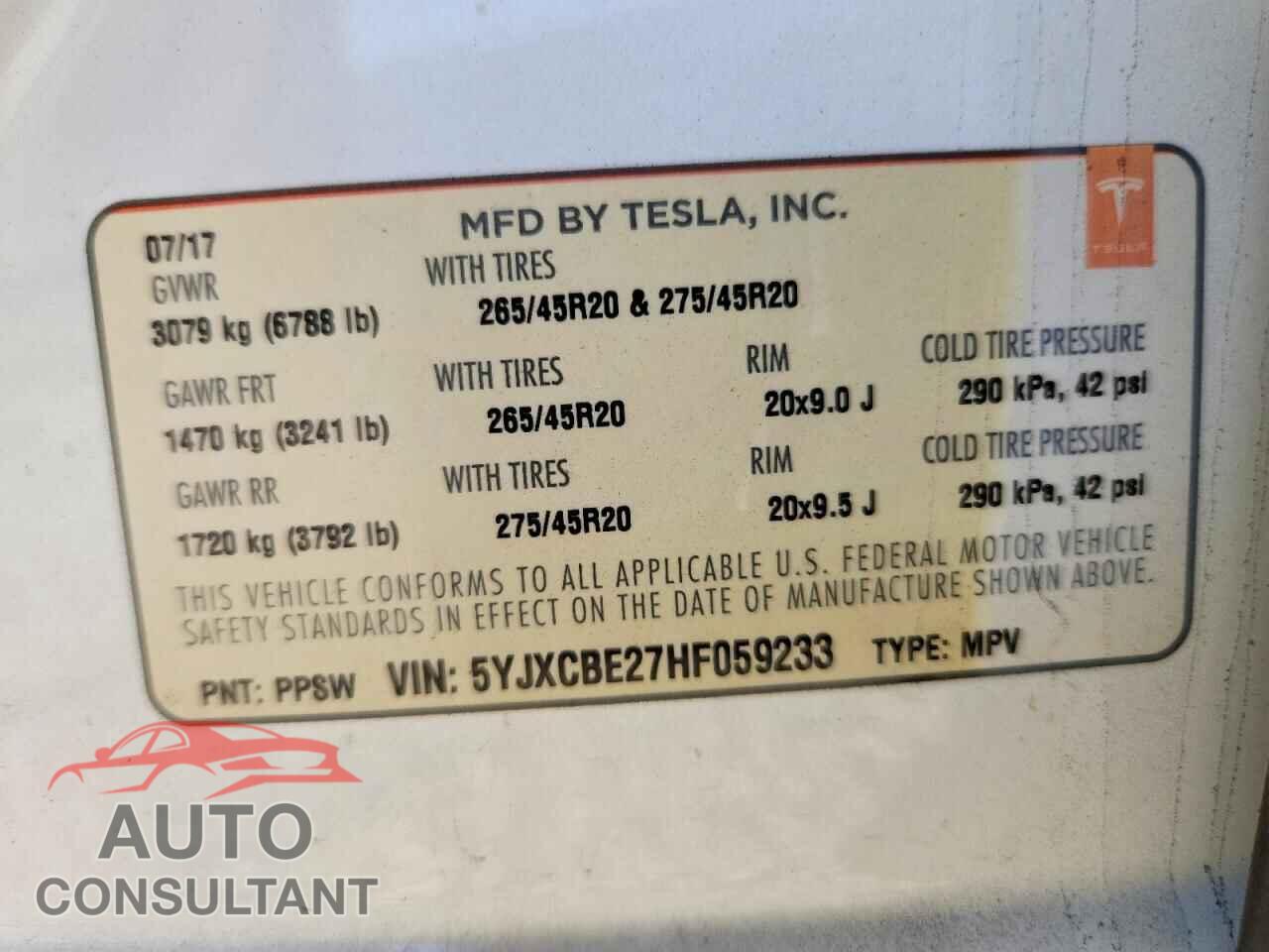 TESLA MODEL X 2017 - 5YJXCBE27HF059233