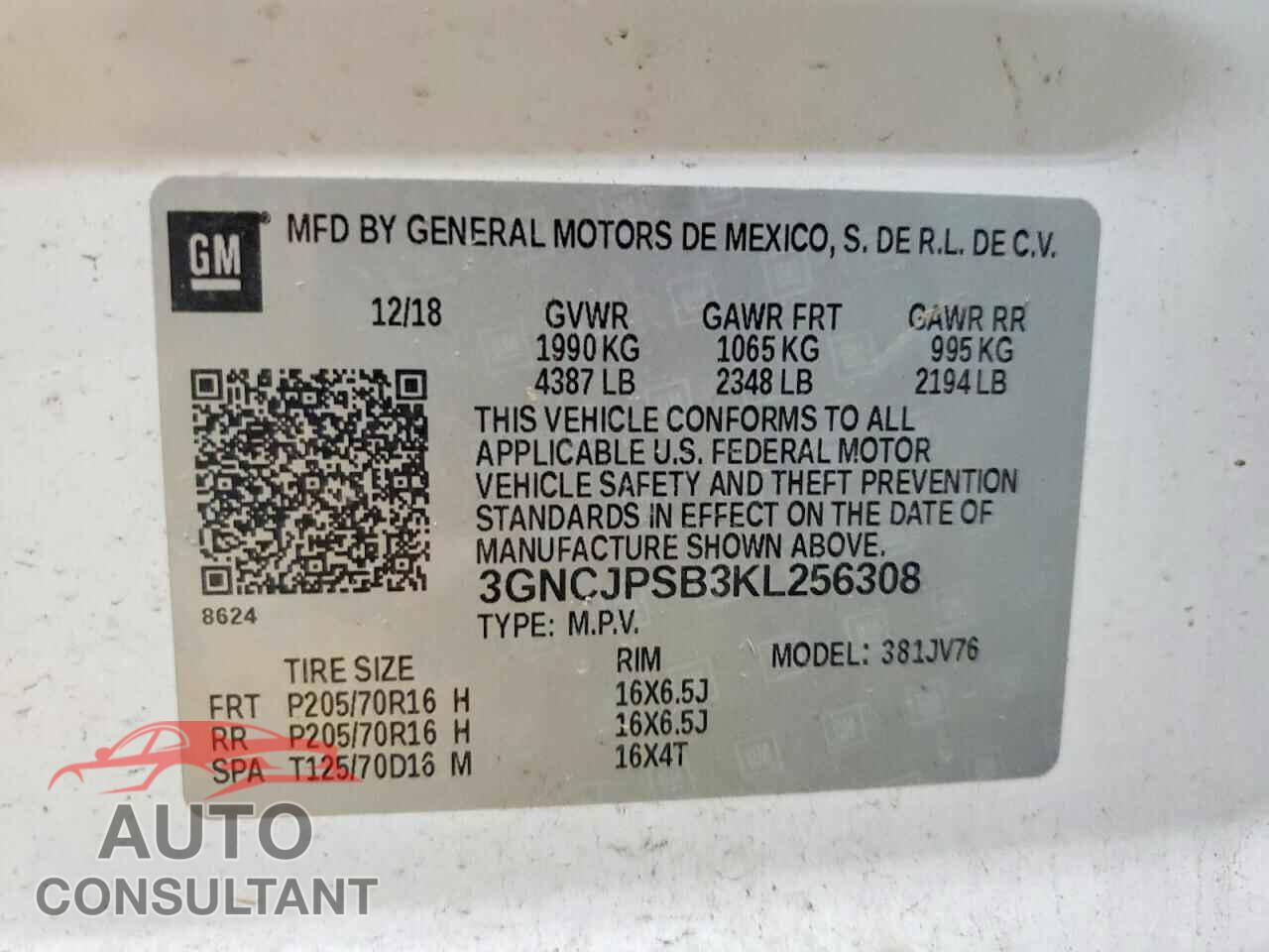 CHEVROLET TRAX 2019 - 3GNCJPSB3KL256308