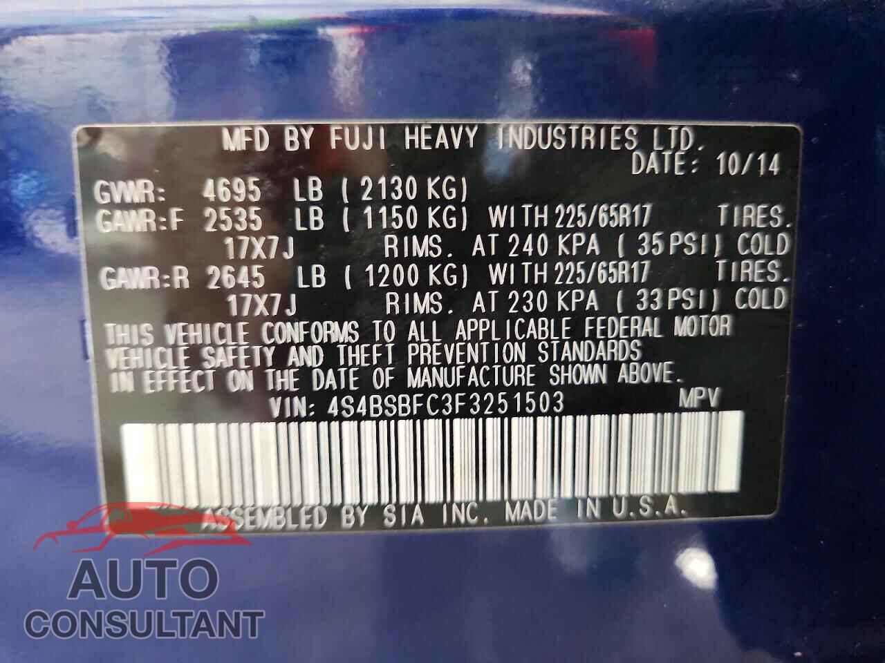 SUBARU OUTBACK 2015 - 4S4BSBFC3F3251503