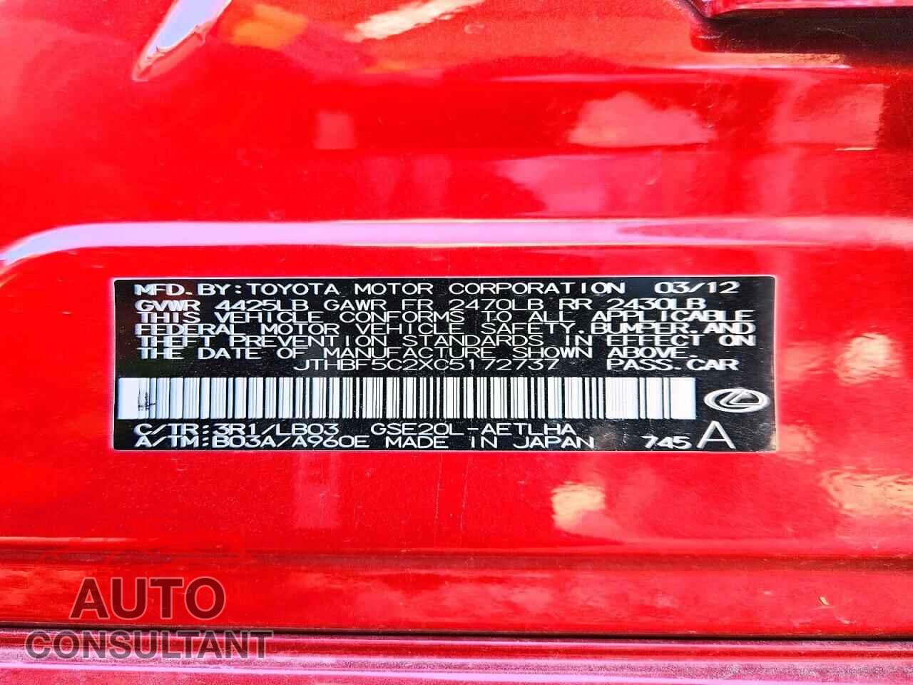 LEXUS IS 2012 - JTHBF5C2XC5172737