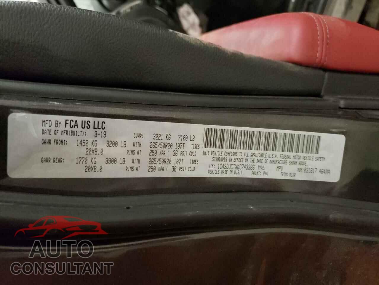 DODGE DURANGO 2019 - 1C4SDJCTXKC743386