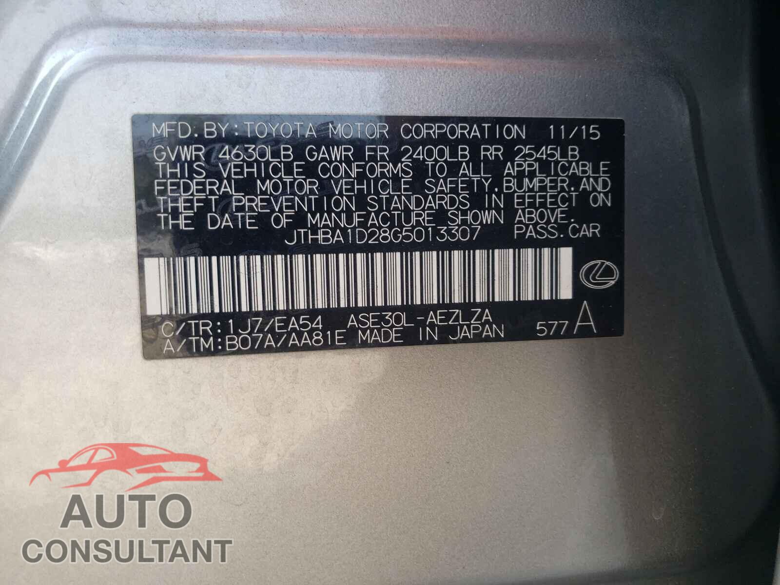 LEXUS IS 2016 - JTHBA1D28G5013307