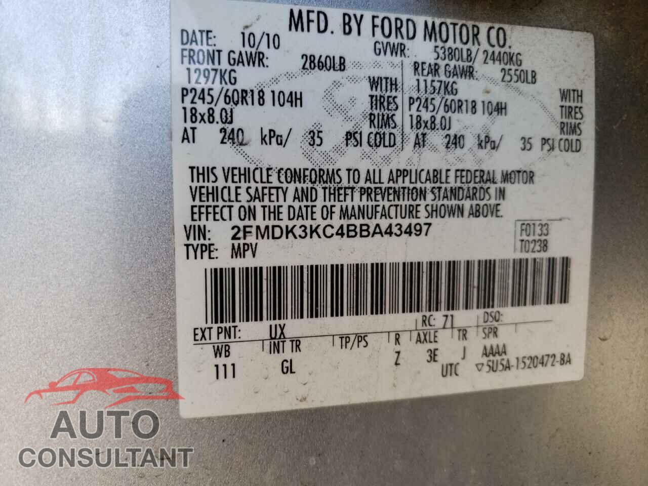 FORD EDGE 2011 - 2FMDK3KC4BBA43497