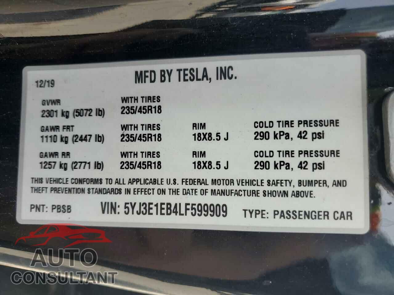 TESLA MODEL 3 2020 - 5YJ3E1EB4LF599909